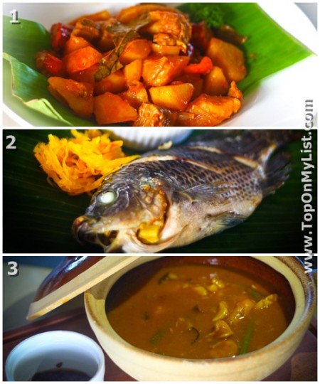 1.Beef Bakareta,2. Pinaputok na Tilapia,3. Seafood Kare-Kare