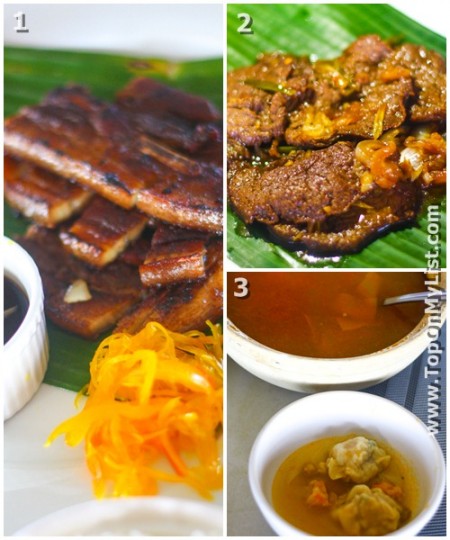 1. Pork Liempo, 2. Pancit Molo, 3. Bistek Tagalog